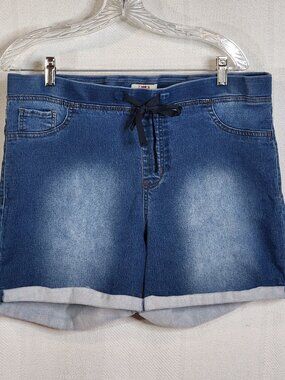 L.E.I. Medium Wash Faux Denim Cotton Poly Elastane Stretch Tie Dorm Shorts JR 1X
